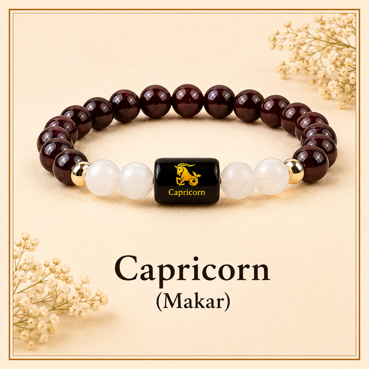 Capricorn (Makar) Zodiac Garnet & Milky Quartz Bracelet